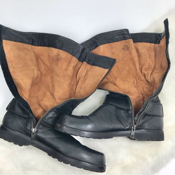 Gentle Souls BUCKLE UP Black Leather Buckle Side Zip Up Calf High Moto Boots - Picture 11 of 16